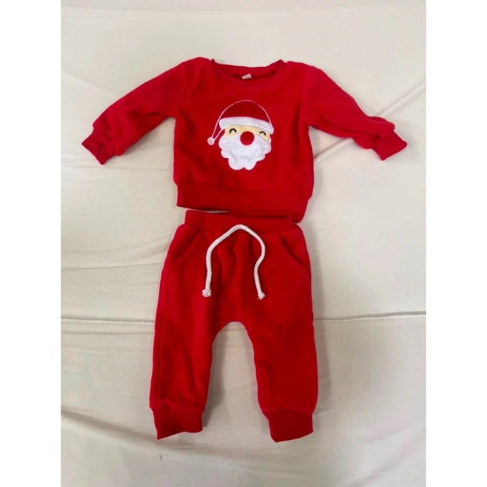 Red Santa Claus Fleece Sweatshirt and Joggers Holiday Set Kids Size 70